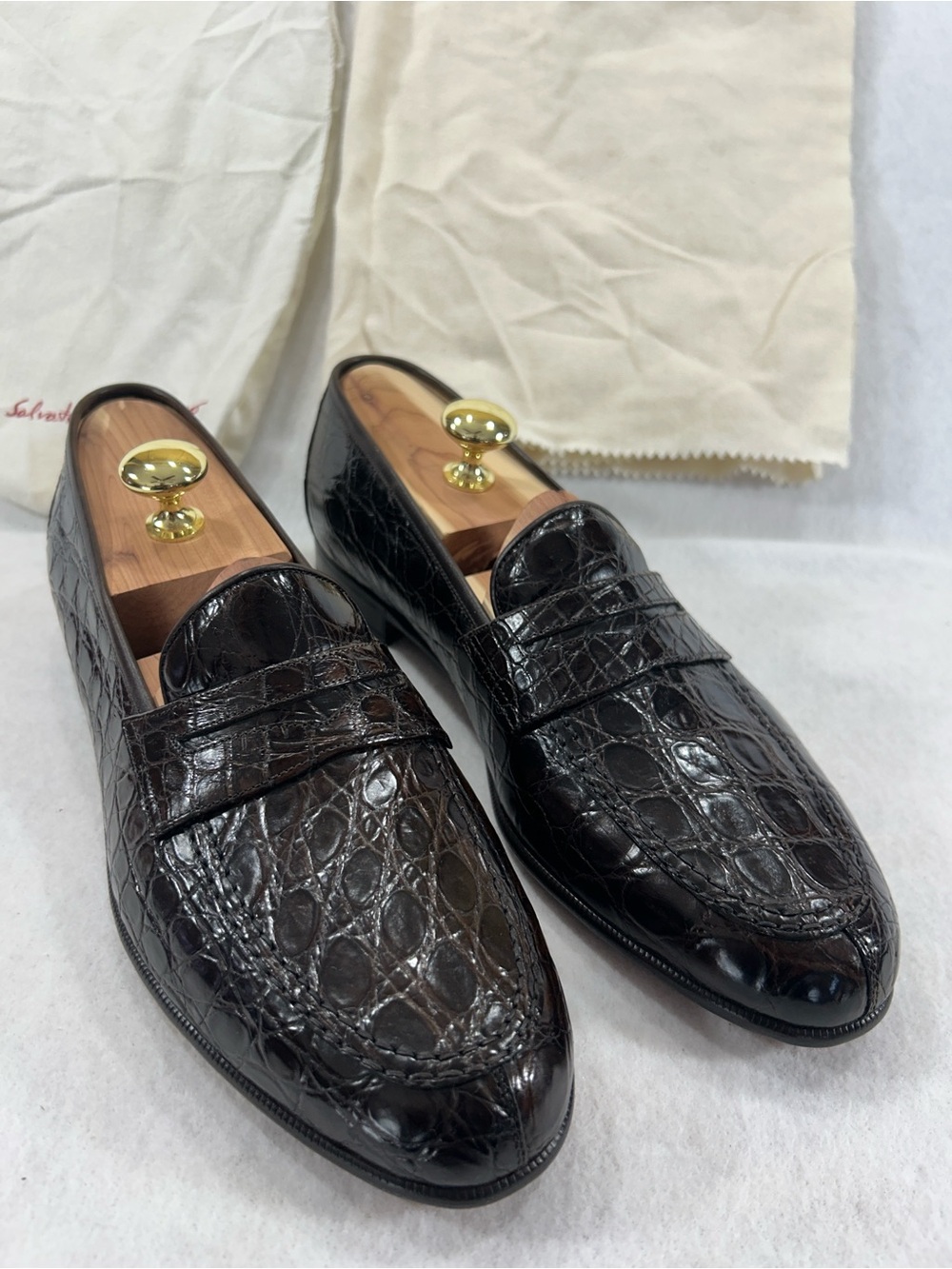 Salvatore Ferragamo Texas Dark Brown Crocodile Penny Loafers Men's 10.5 D Italy